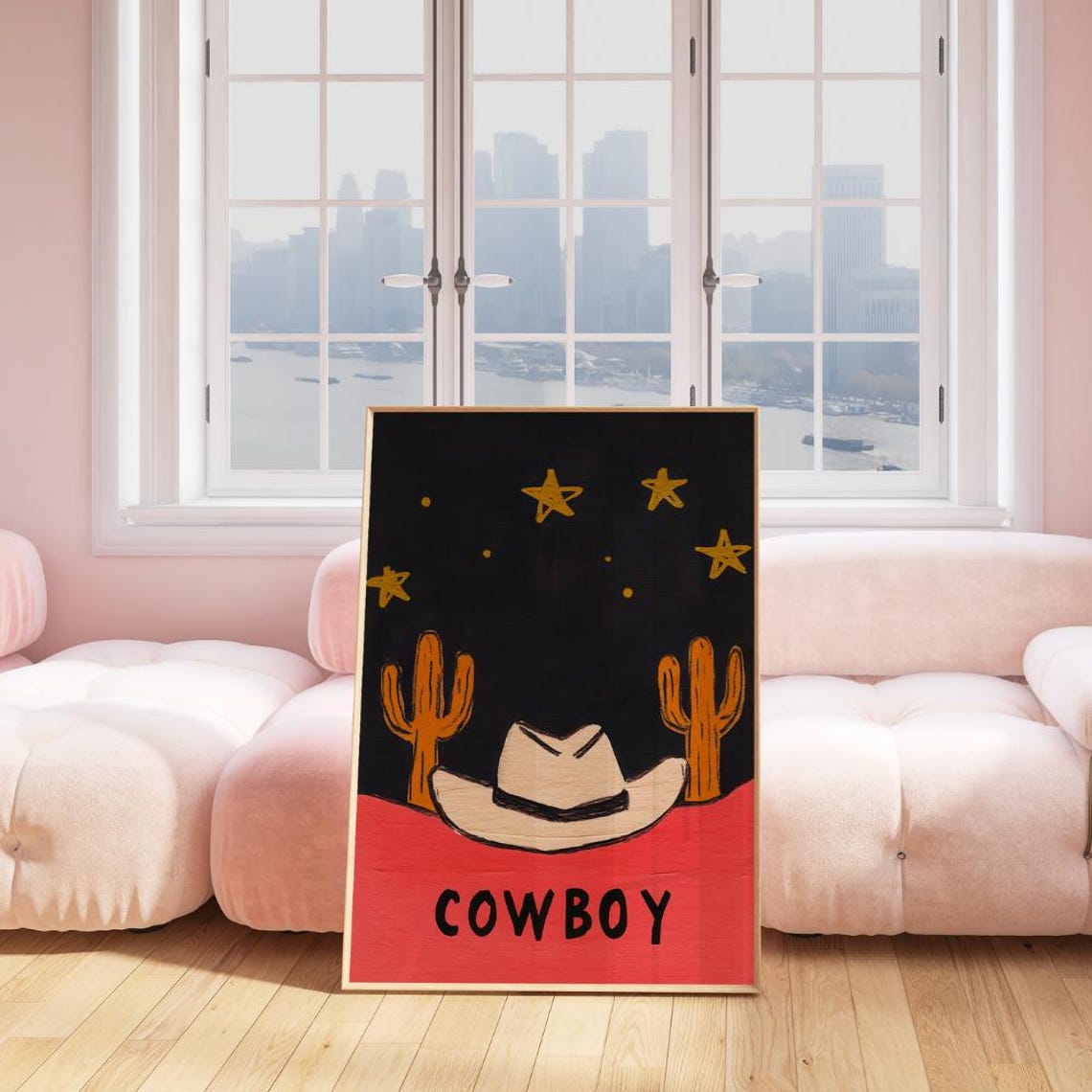 Cowboy Hat Over Red Desert Night With Cacti Western Folk Art Print - Image 2