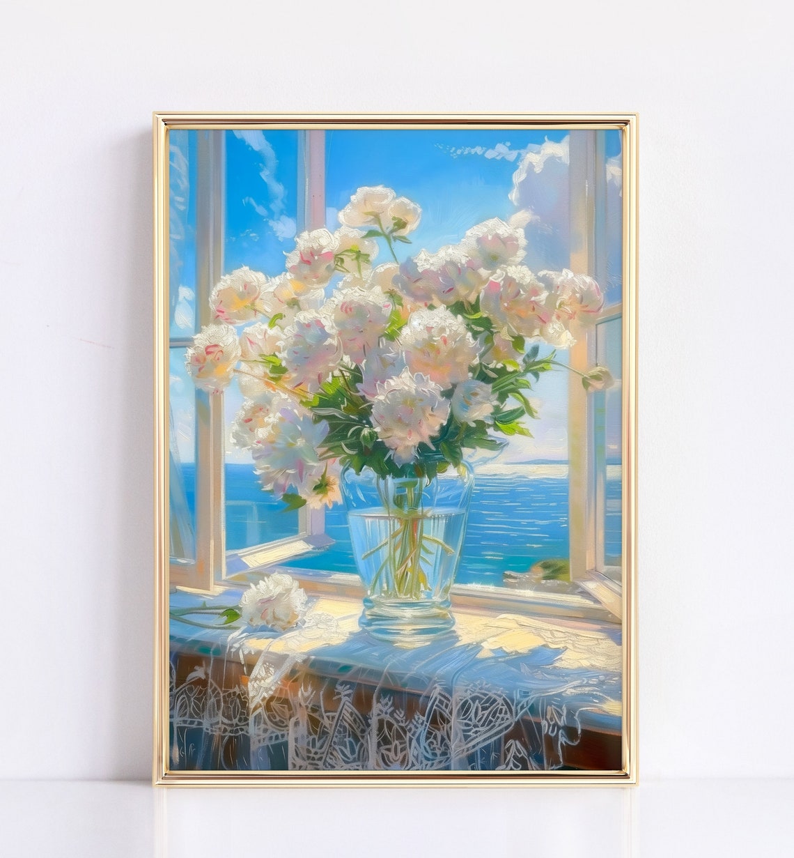White Peonies Glass Vase Sunlit Window Overlooking Blue Sea Poster - Image 3