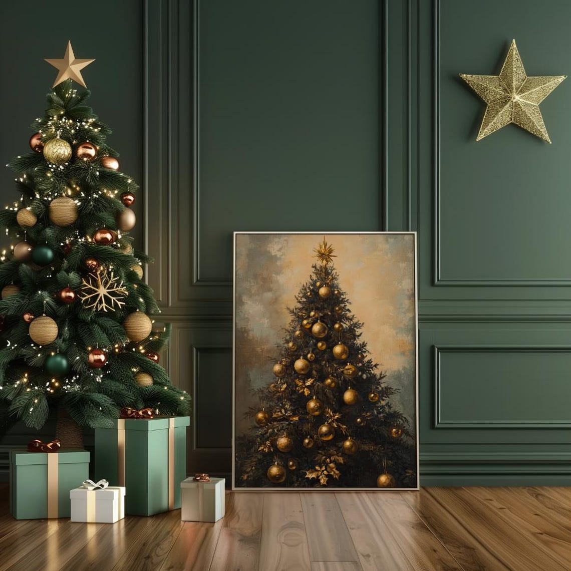 Stately Christmas Tree With Gold Ornaments And Starburst Poster - Image 3