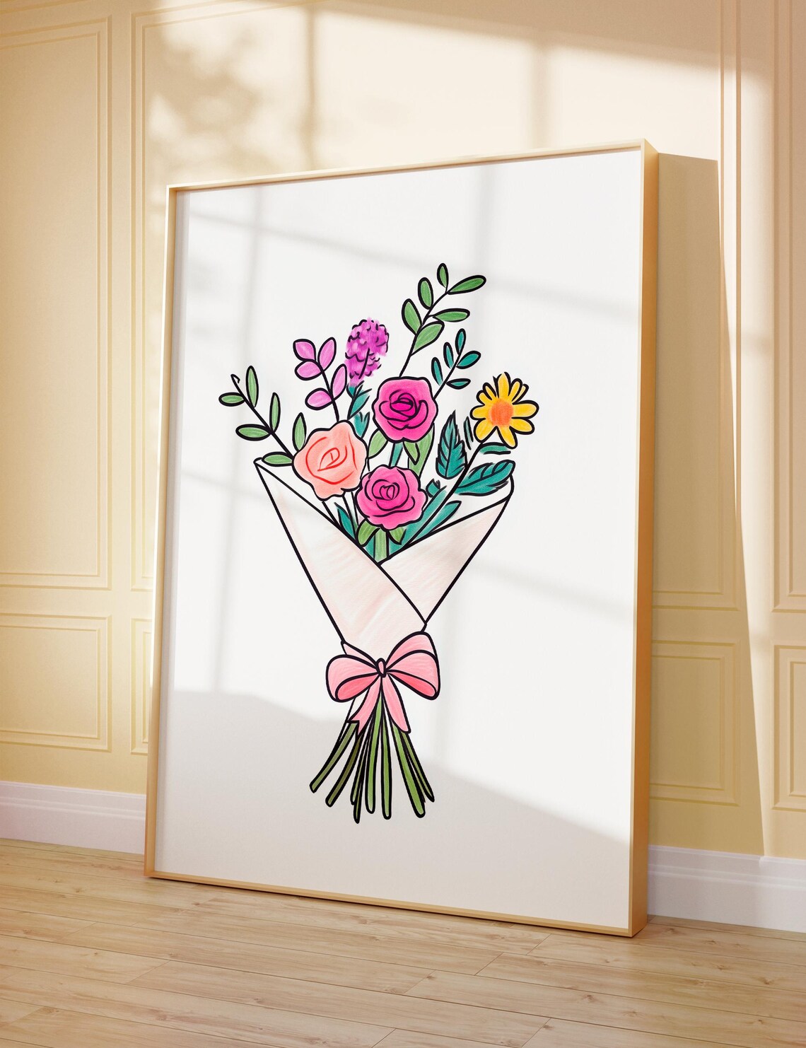 Colorful Flower Bouquet Wrapped With Pink Bow Minimalist Poster - Image 3