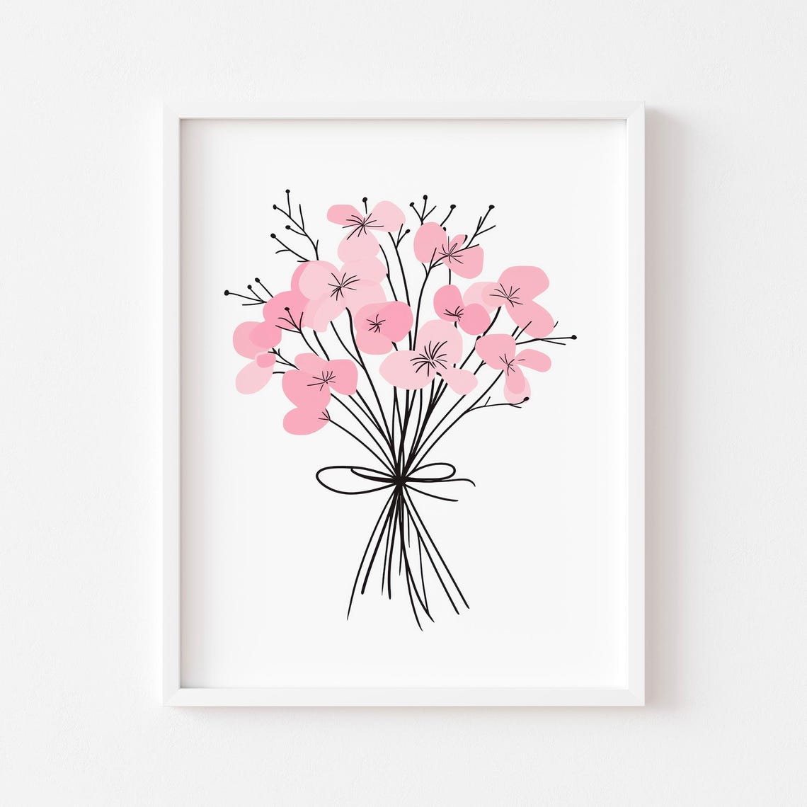 Pink Blossom Bouquet Black Line Art Minimalist Floral Wall Art - Image 2