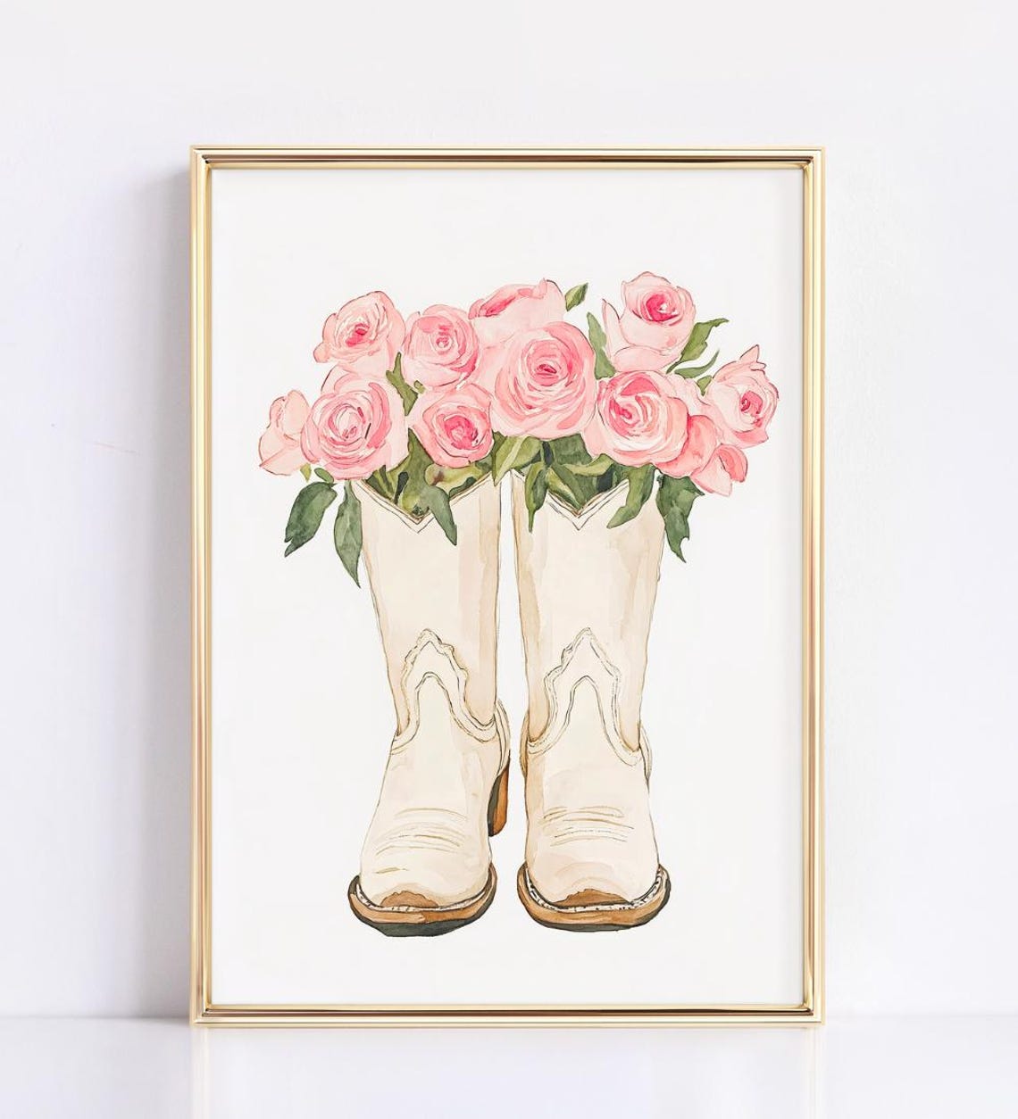 White Cowboy Boots With Pink Roses Western Watercolor Girl Wall Poster