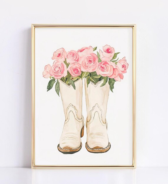 White Cowboy Boots With Pink Roses Western Watercolor Girl Wall Poster