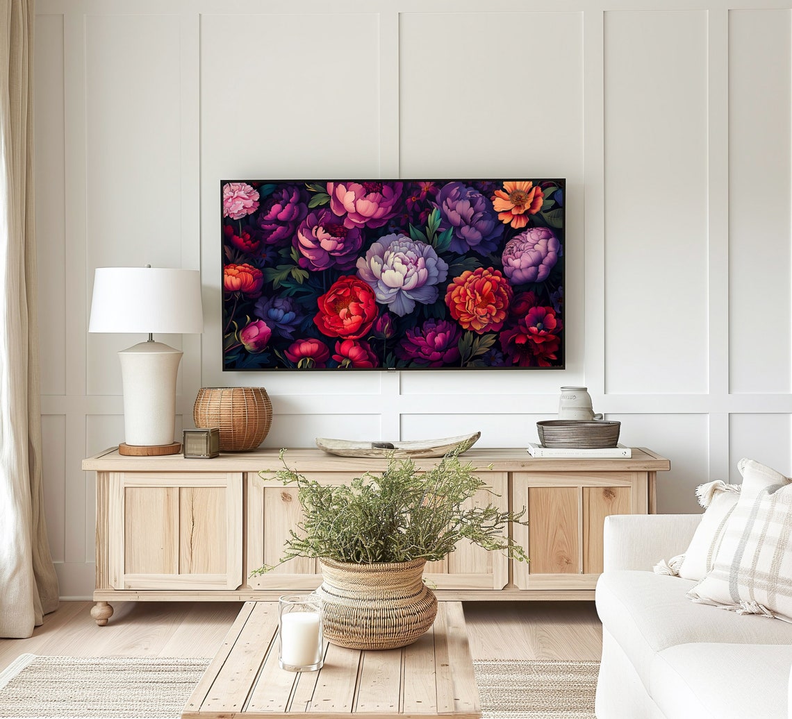 Vivid Peony Blossoms Moody Dark Background Red Purple Floral Poster - Image 3