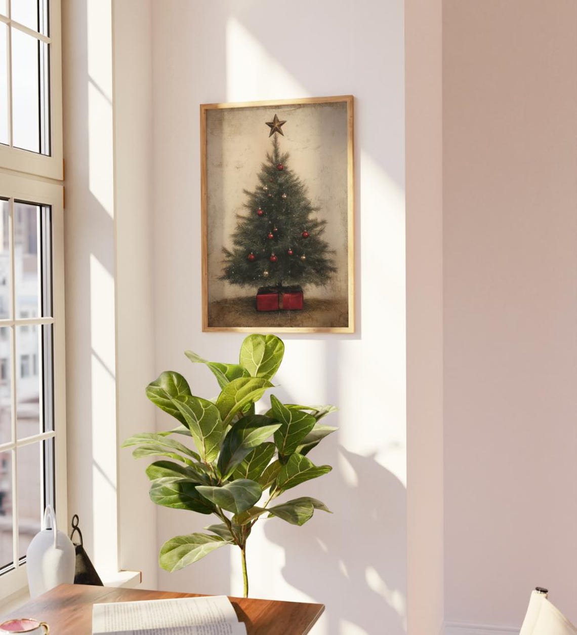 Rustic Farmhouse Christmas Tree With Red Ornaments And Star Poster - Image 3