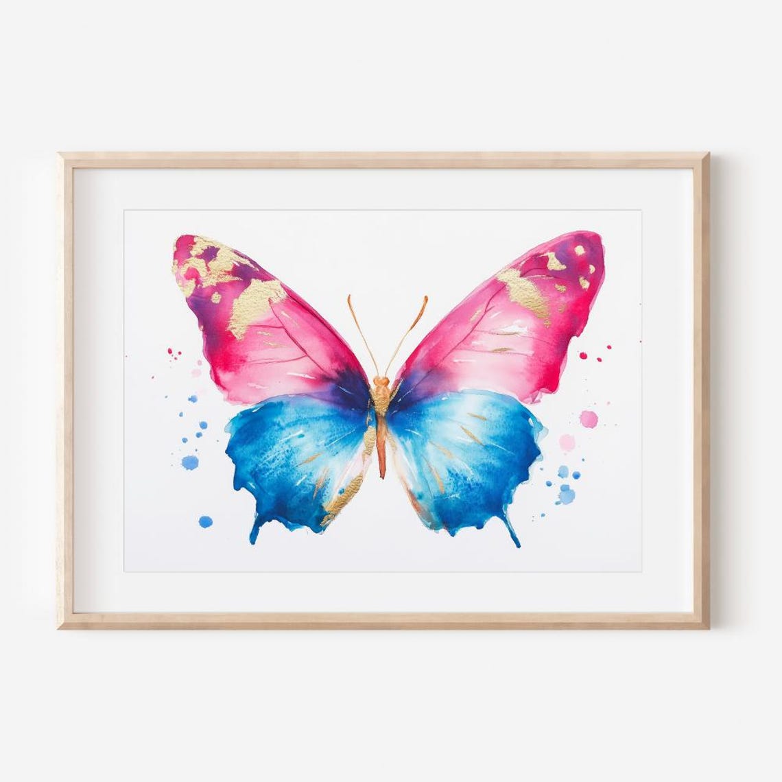 Vibrant Butterfly Watercolor Pink Blue Gold Splash Art Poster - Image 3