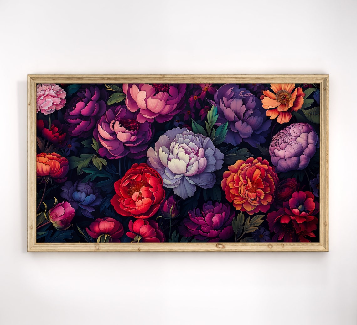 Vivid Peony Blossoms Moody Dark Background Red Purple Floral Poster