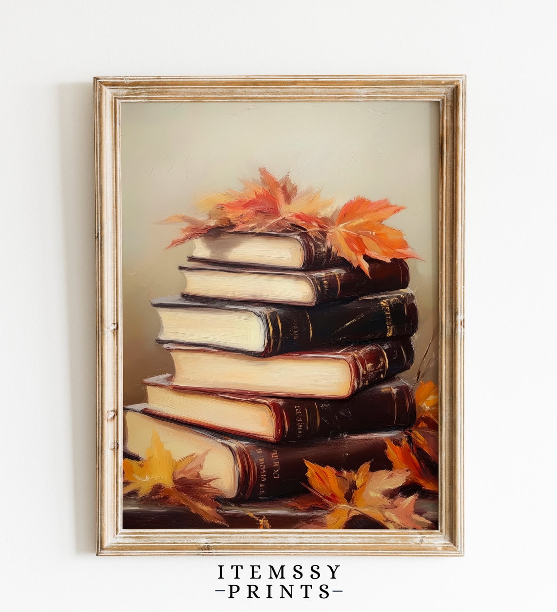 Vintage Book Stack Autumn Leaves Cozy Fall Still Life Painting Poster