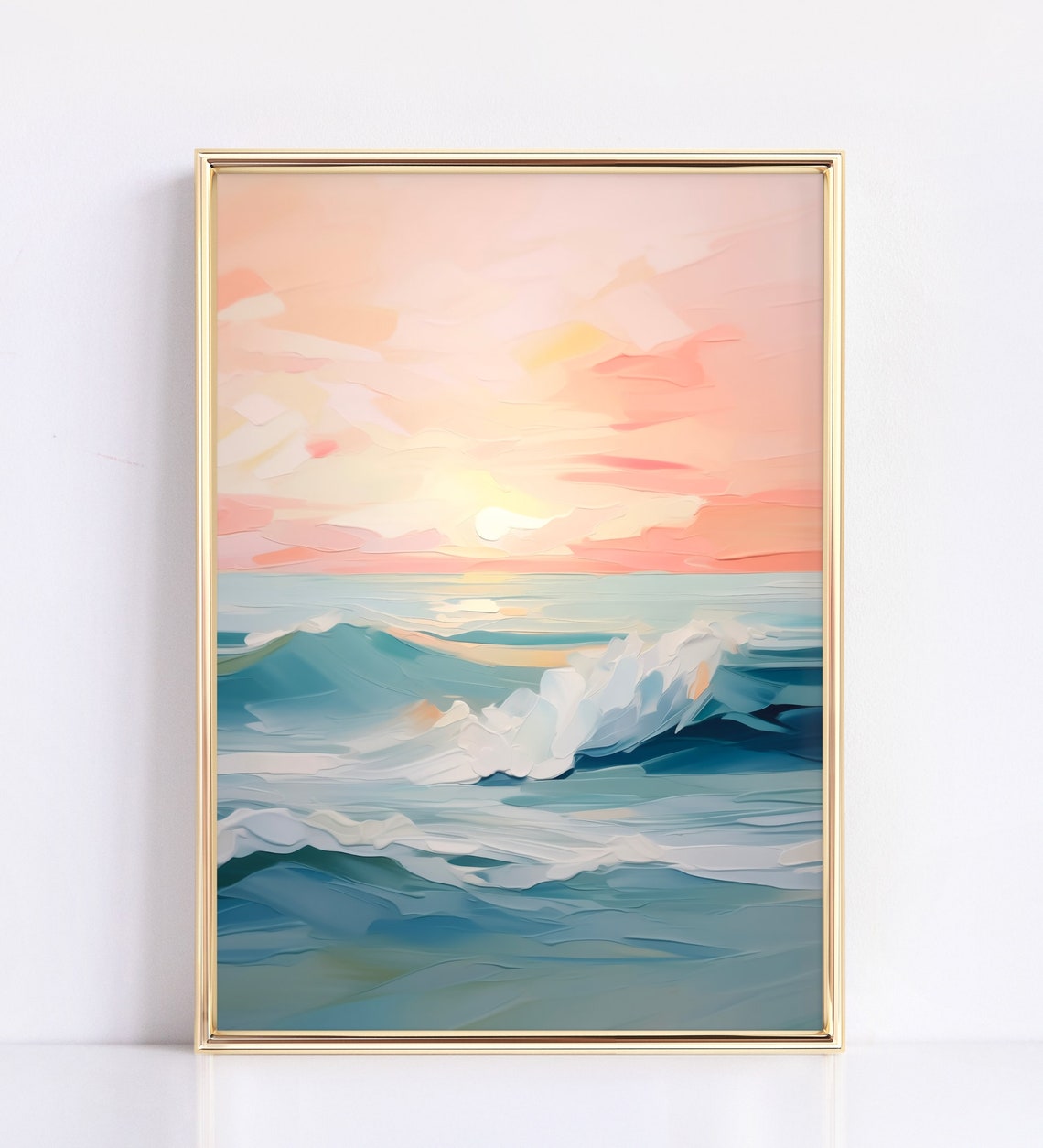 Abstract Ocean Waves Sunset Pink Teal Coastal Beach Art Poster - Image 3