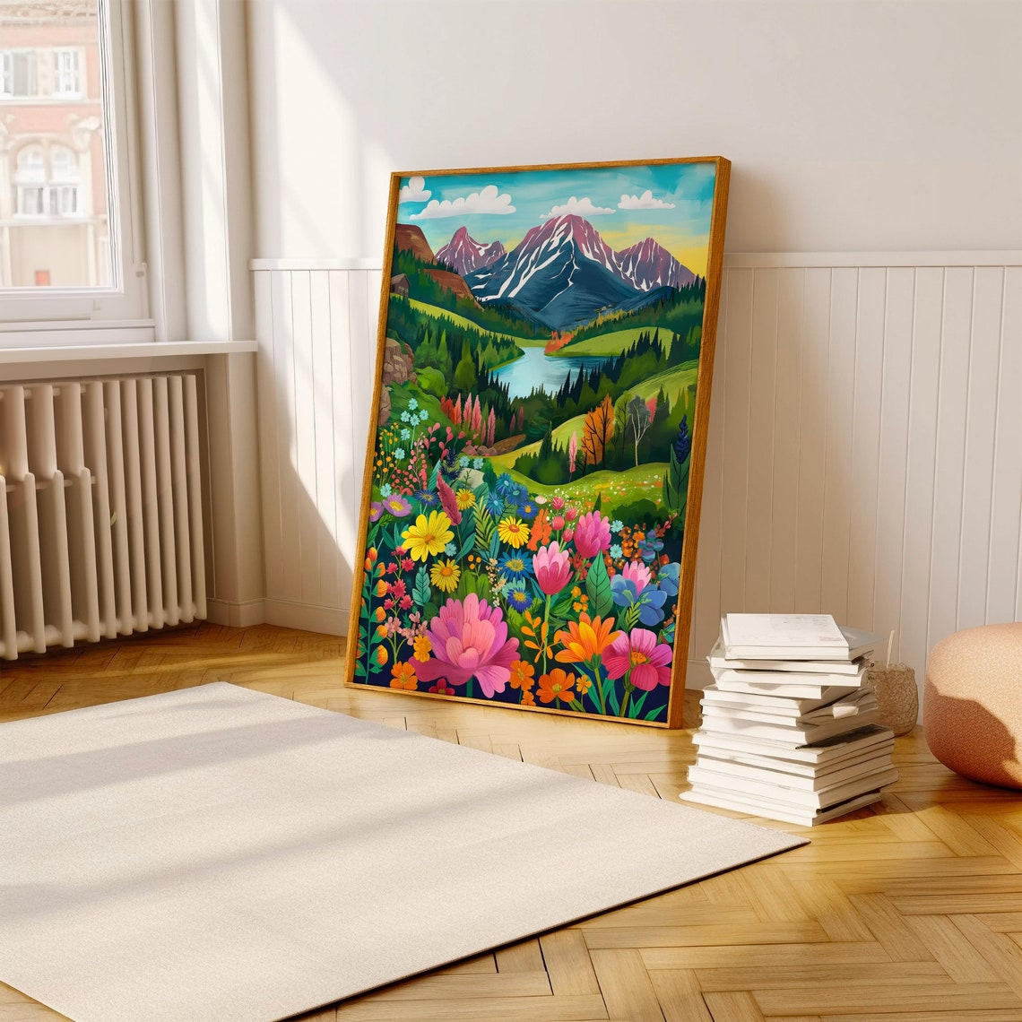 Colorful Wildflower Meadow Mountain Lake Landscape Nature Art Poster - Image 3