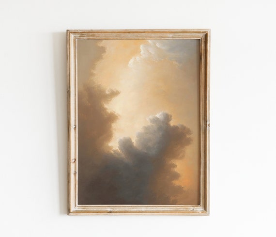 French Cloudy Sky Countryside Print Gold Clouds Muted Oil Painting Wall Art Vintage Sky Clouds Painting Gallery Landscape Art