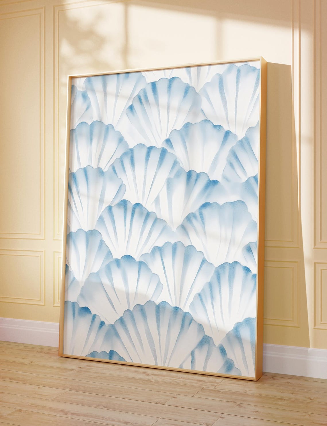 White Blue Scallop Shell Pattern Minimalist Coastal Wall Art - Image 3