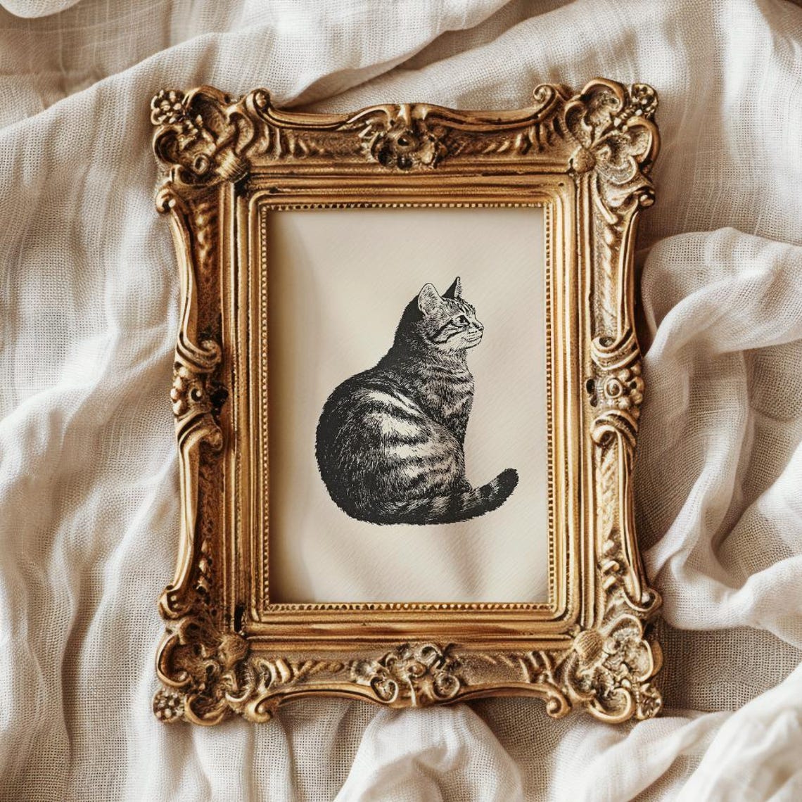 Seated Tabby Cat in Profile Classic Ink Etching Minimal Cat Art Poster - Image 2