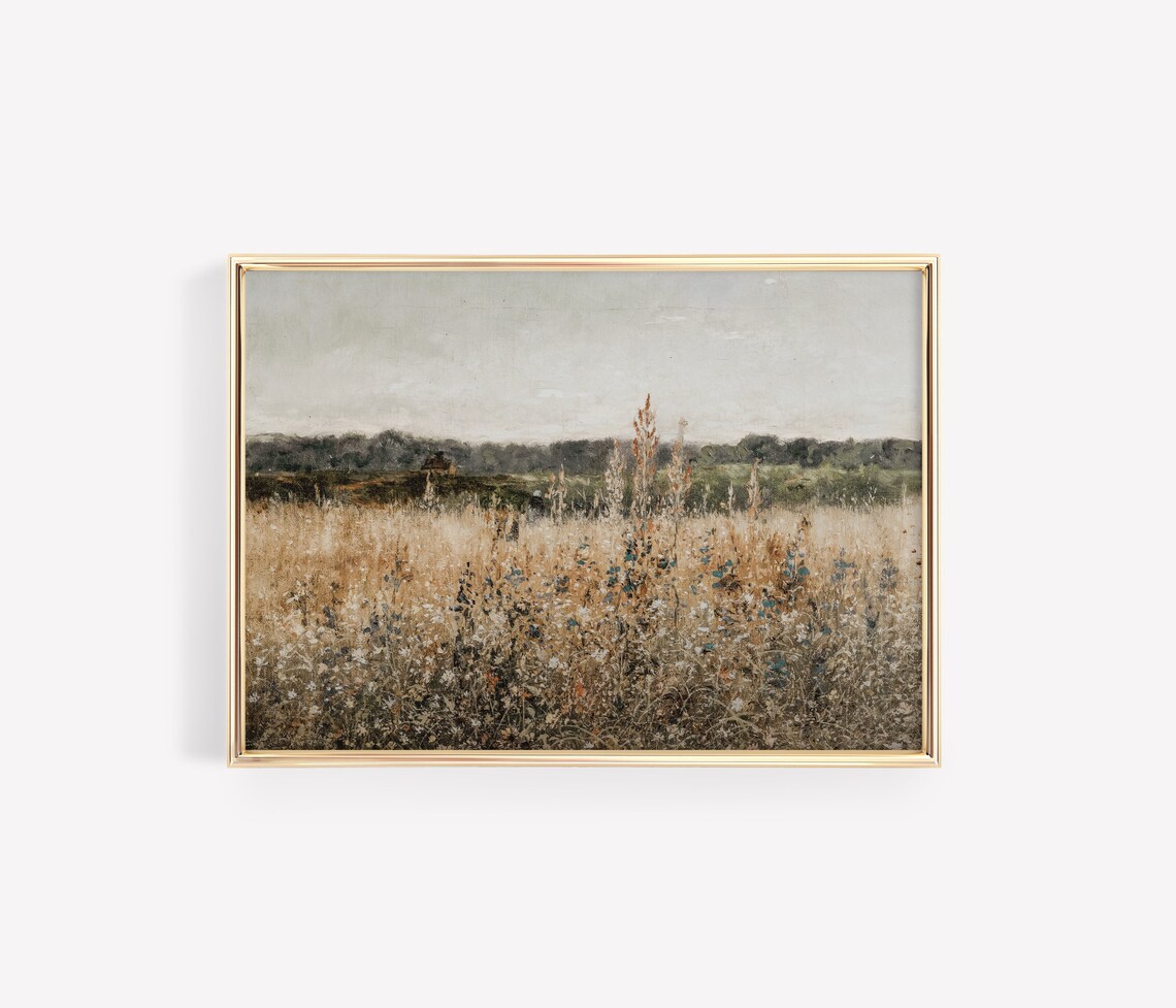 Vintage Wildflower Field Oil Painting Muted Gold Country Meadow Poster - Image 3