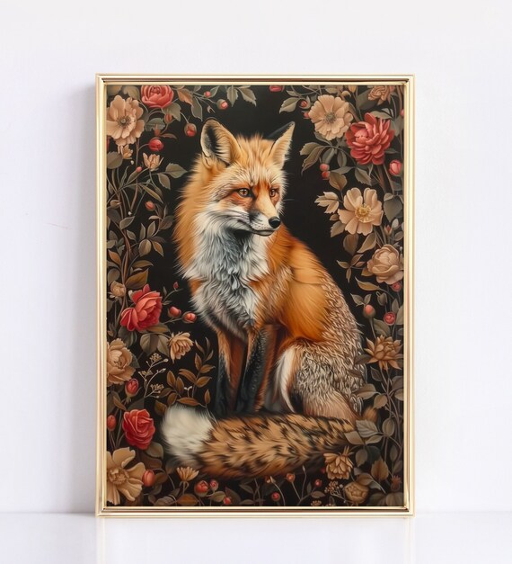 Red Fox Sitting Among Roses Dark Floral Vintage Woodland Animal Poster