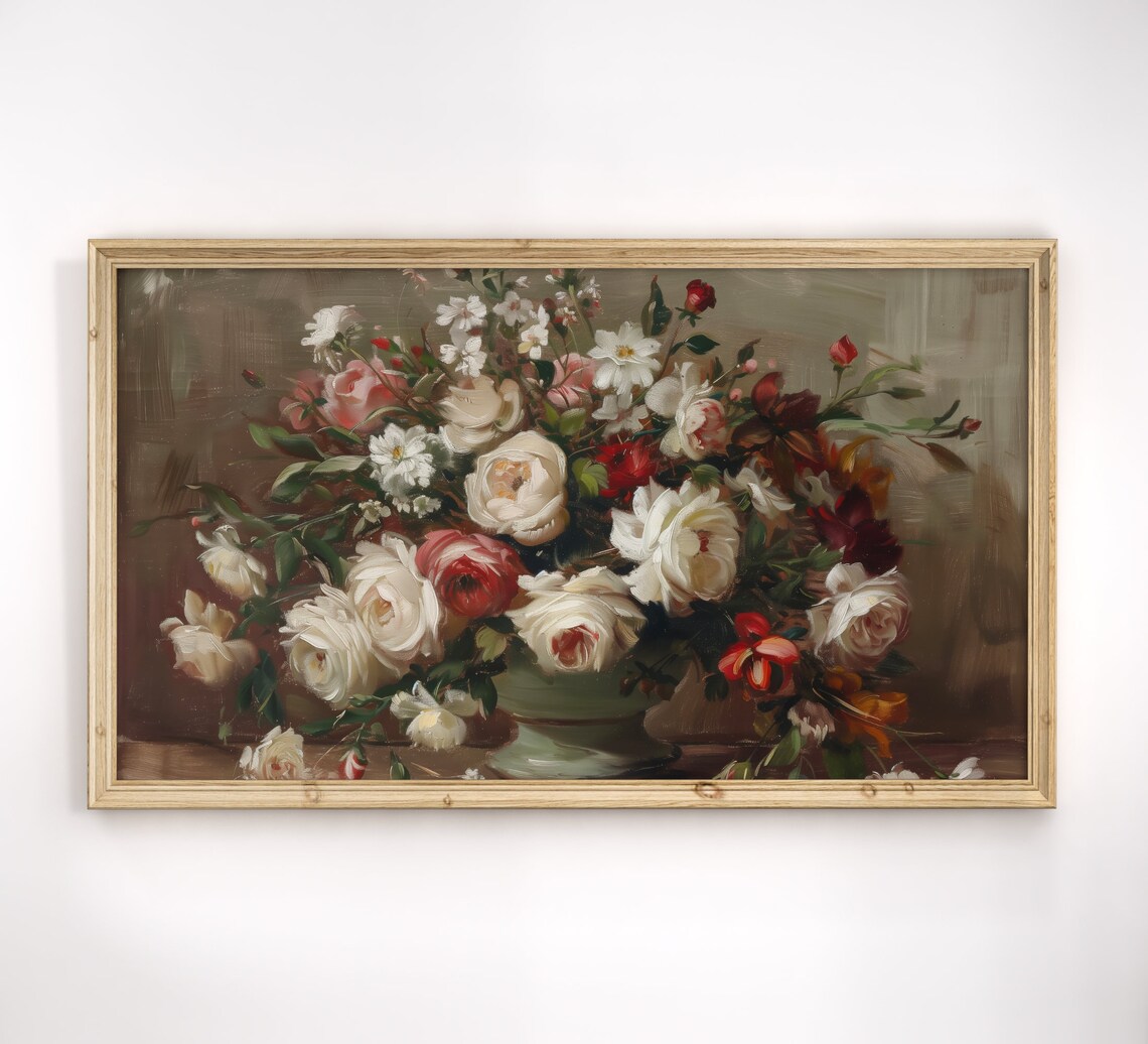 Vintage Camellia Blossoms Red White Pink Oil Painting Floral Poster