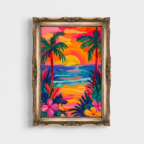 Neon Tropical Beach Sunset Palm Trees Colorful Ocean Maximalist Poster
