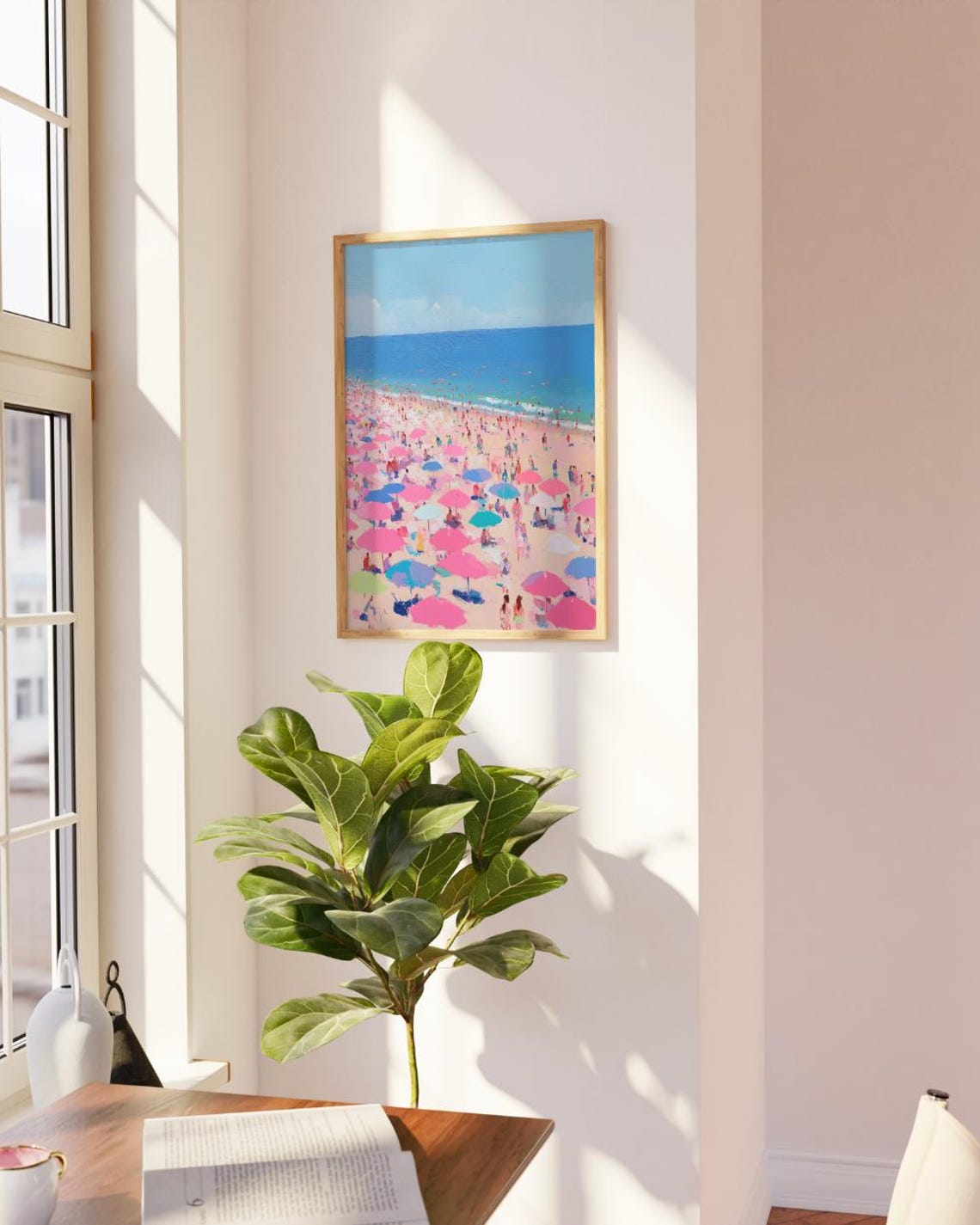 Pink Beach Umbrellas Crowded Beach Ocean Painting Coastal Art Print - Image 2