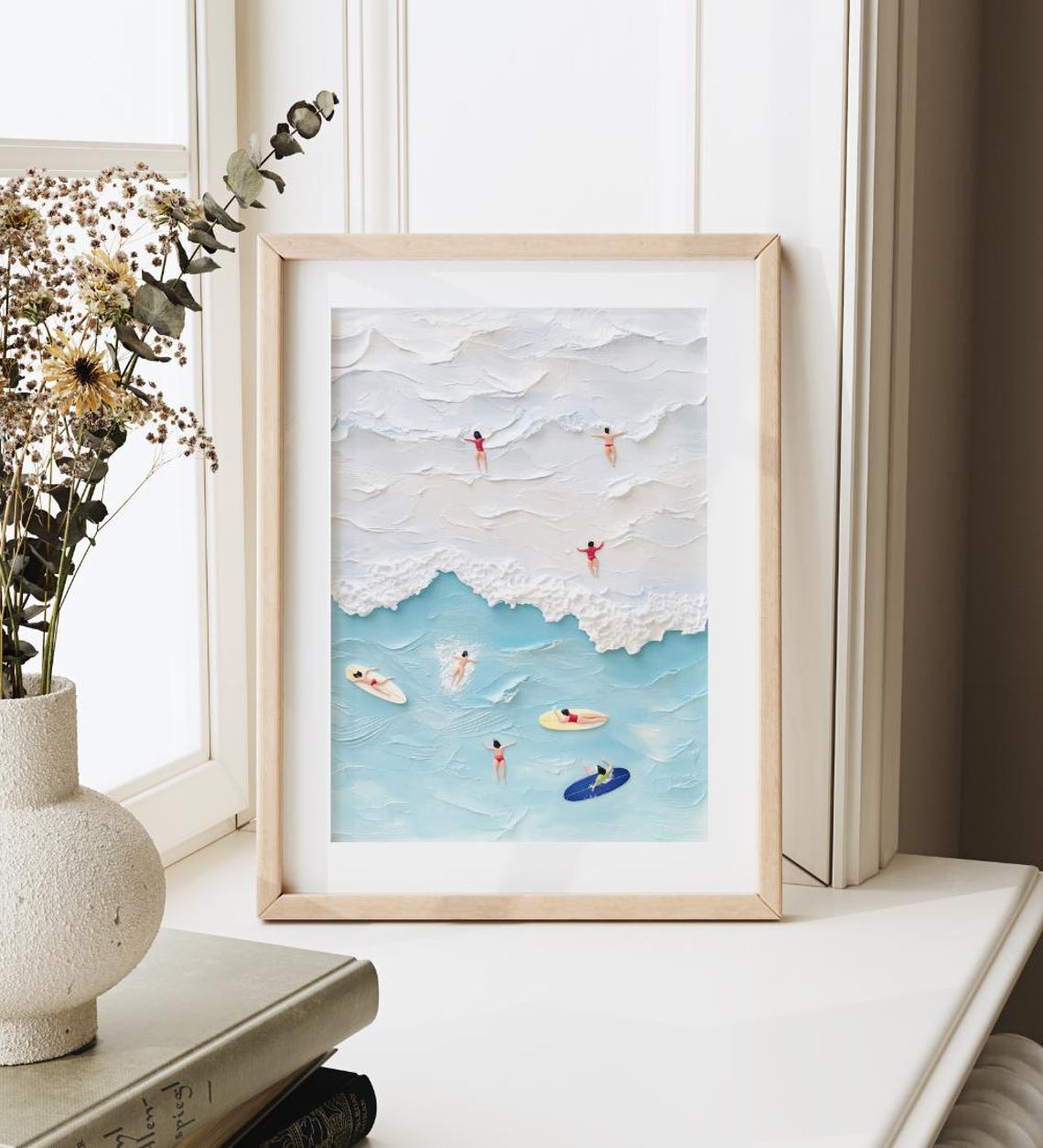 Textured Beach Waves Surfers Aerial 3D Oil Painting Coastal Print - Image 3