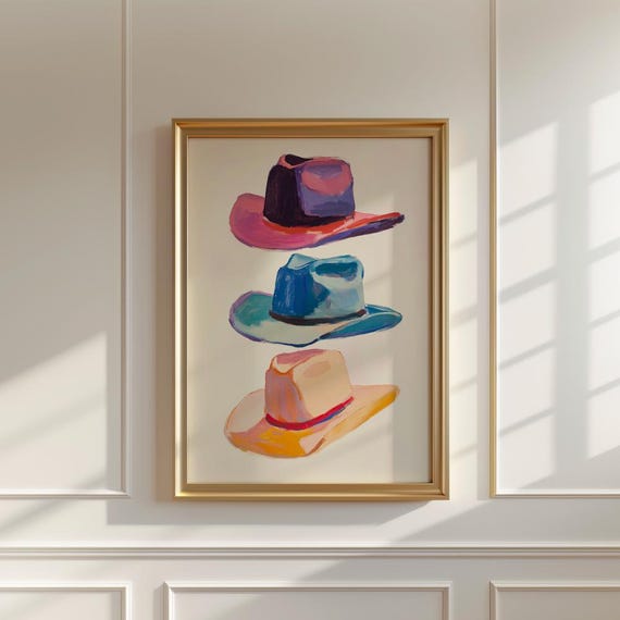 Vintage Cowboy Hats Art Print Cozy Mid Century Modern Western Painting Trendy Wall Decor Gift For Western Art Lover