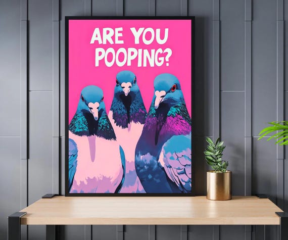 Funny Pooping Pigeon Poster Quirky Art Purple Pink Bathroom Decor Humorous Toilet Wall Print Perfect For Fun Bathroom Style