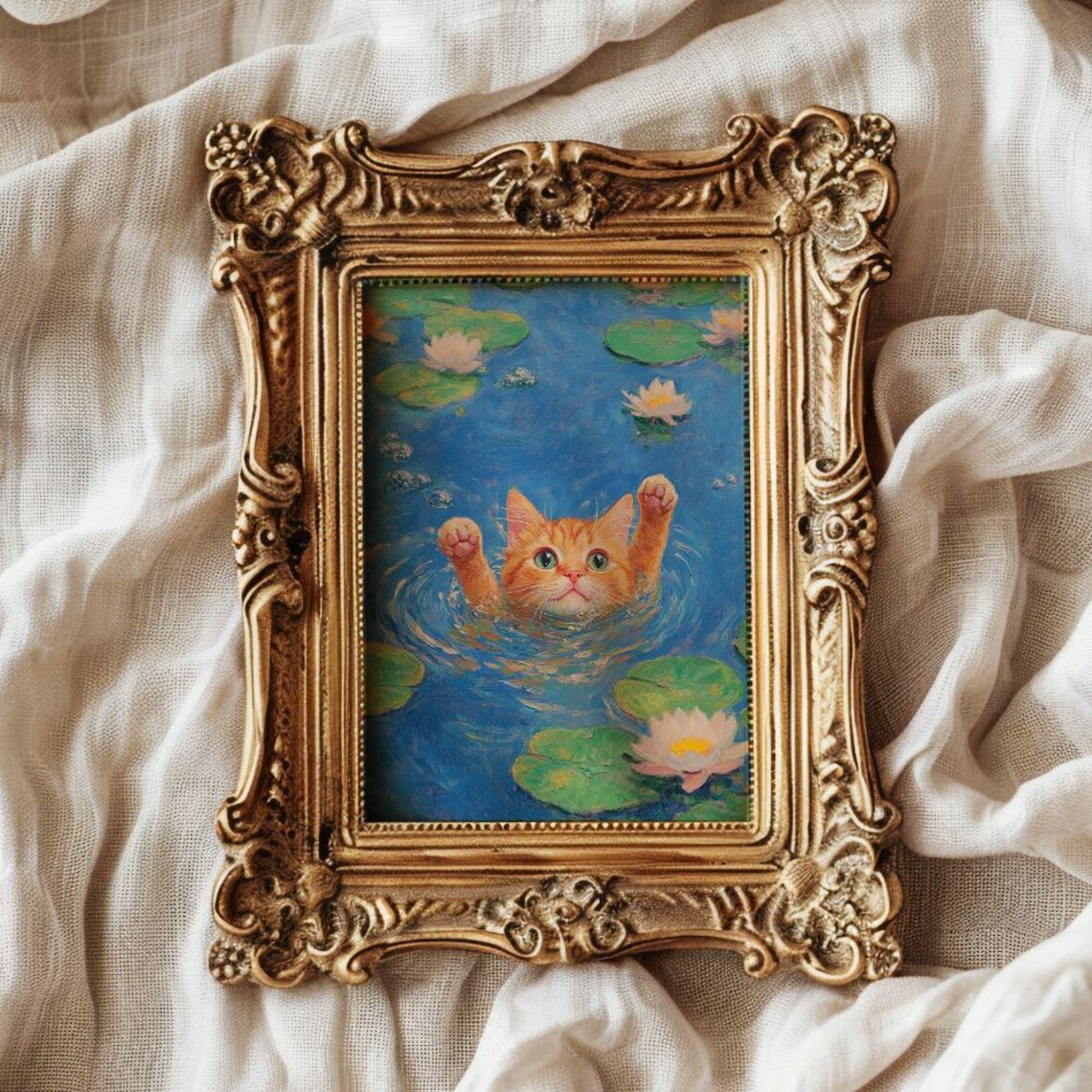 Orange Kitten Swimming Among Monet Style Water Lilies Funny Cat Art Poster - Image 3