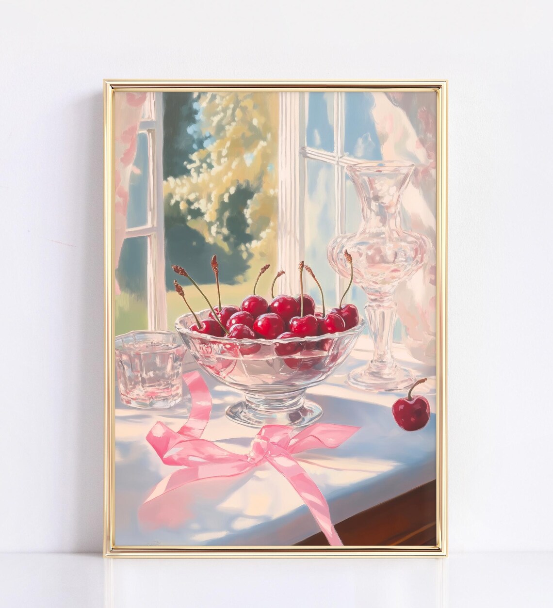 Cherries Crystal Bowl Pink Ribbon Sunny Window Still Life Poster - Image 2