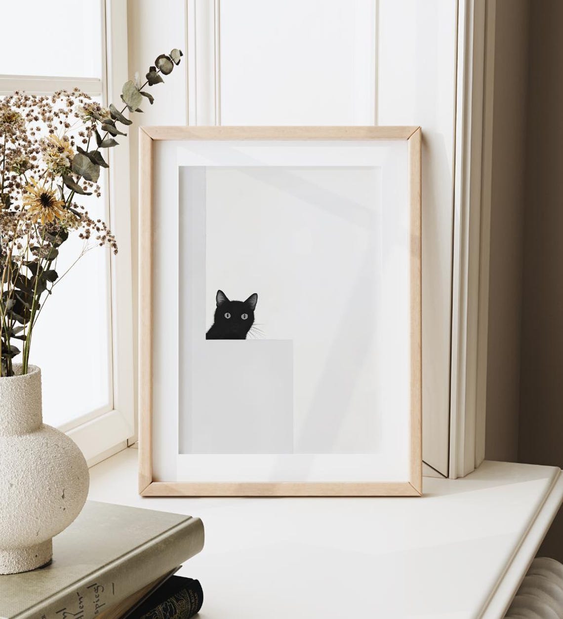Black Cat Peeking Over White Ledge Cute Minimalist Cat Art Poster - Image 4