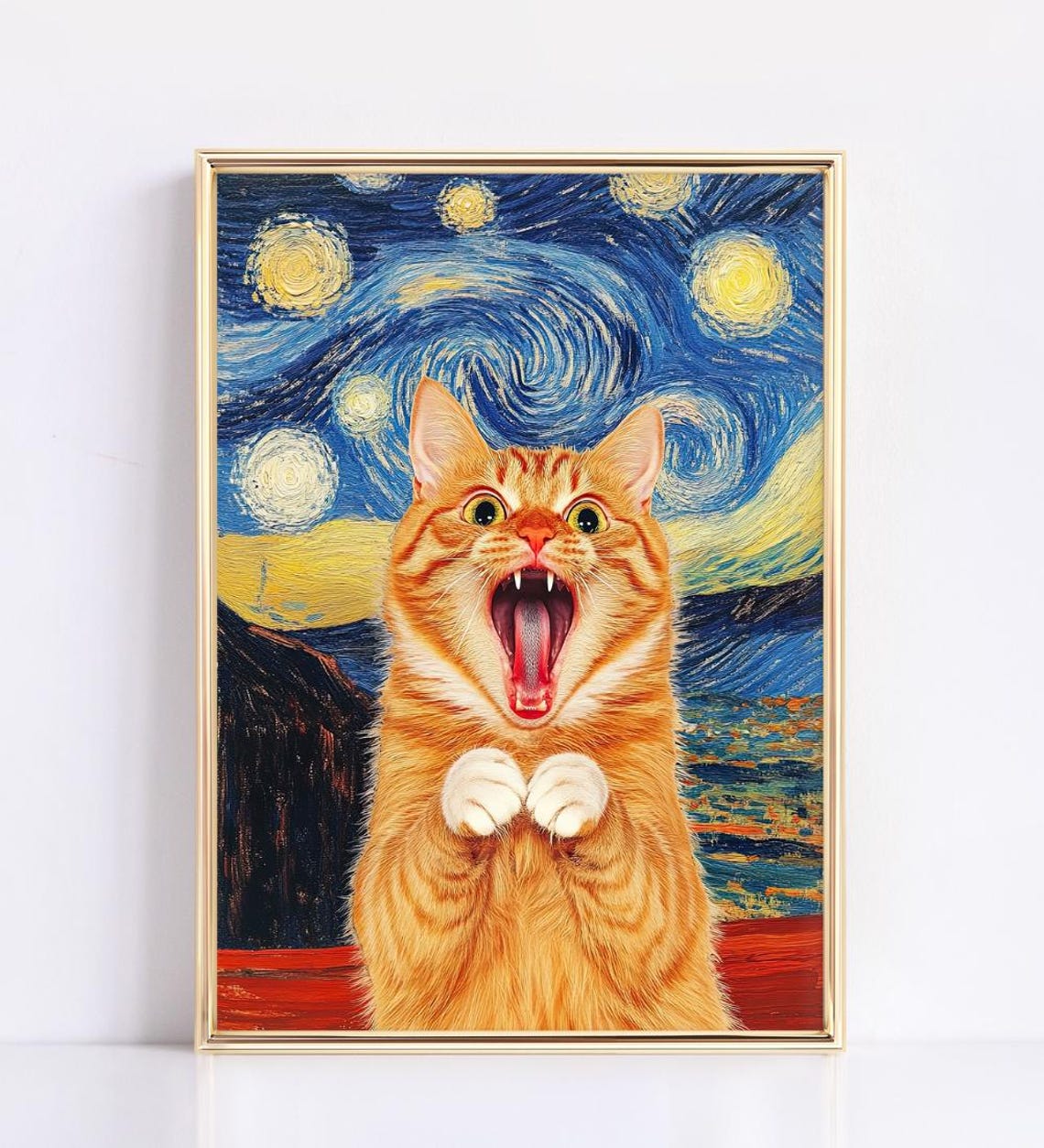 Screaming Orange Cat in Van Gogh Starry Night Funny Mashup Art Poster - Image 2