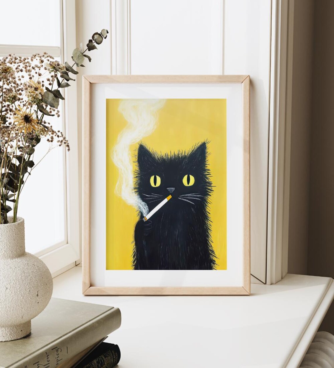 Smoking Black Cat in a Vertical Funny Vintage Kitsch Art Poster - Image 3