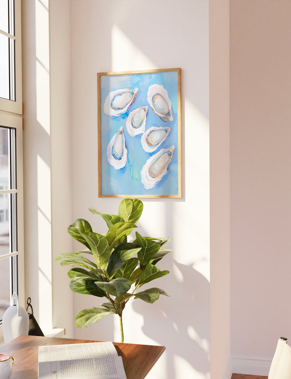 Oyster Shells on Turquoise Watercolor Coastal Kitchen Wall Art - Image 3