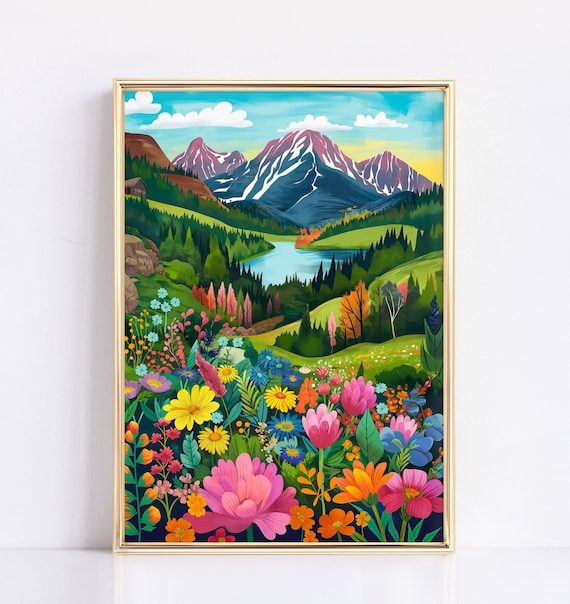 Colorful Wildflower Meadow Mountain Lake Landscape Nature Art Poster