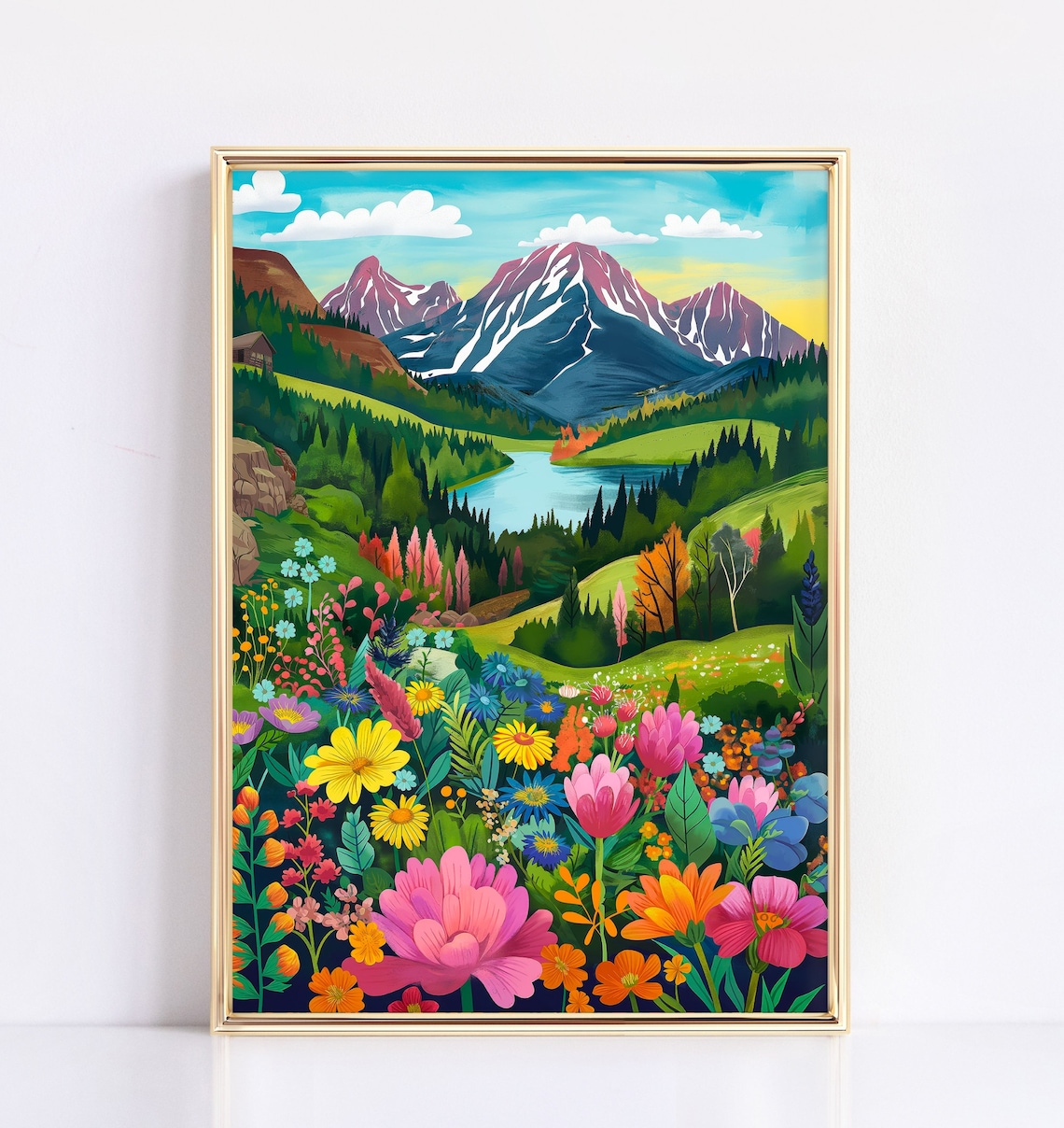 Colorful Wildflower Meadow Mountain Lake Landscape Nature Art Poster