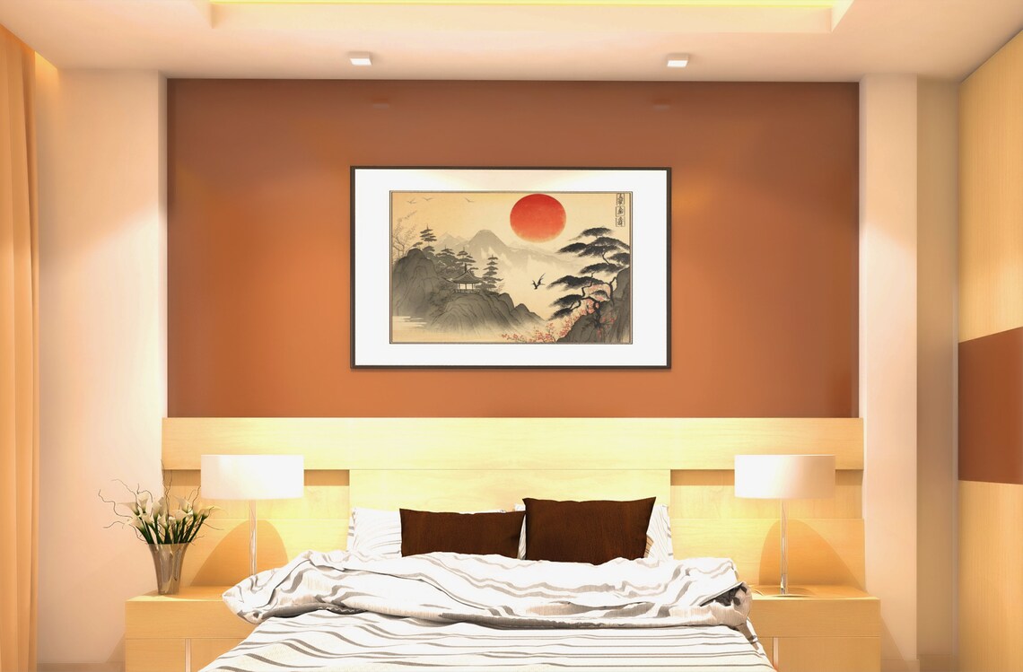 Classic Japanese Woodblock Red Sun Pagoda Mountain Landscape Poster - Image 3