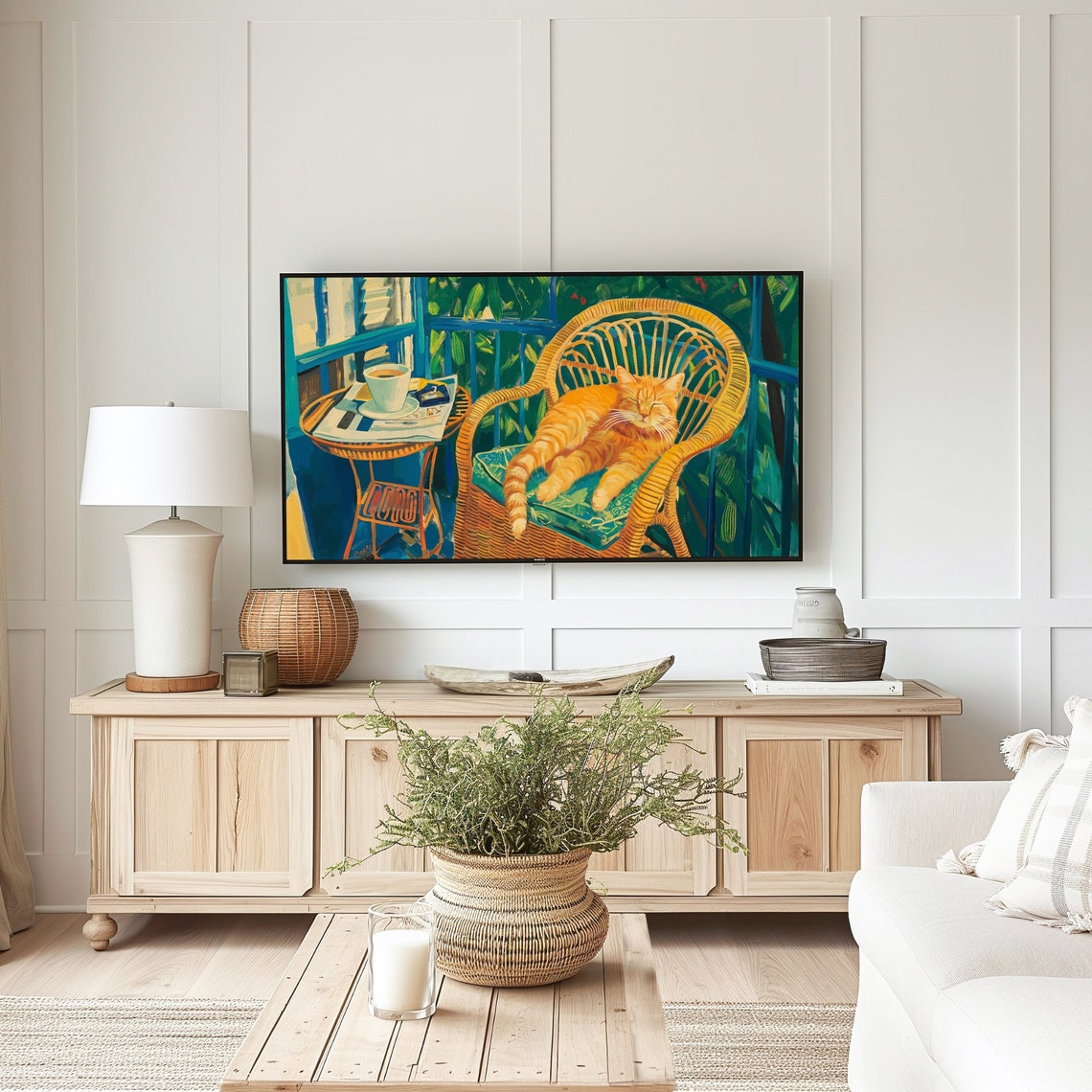 Orange Cat Sleeping On Wicker Chair Coffee Cozy Cafe Art Poster - Image 3