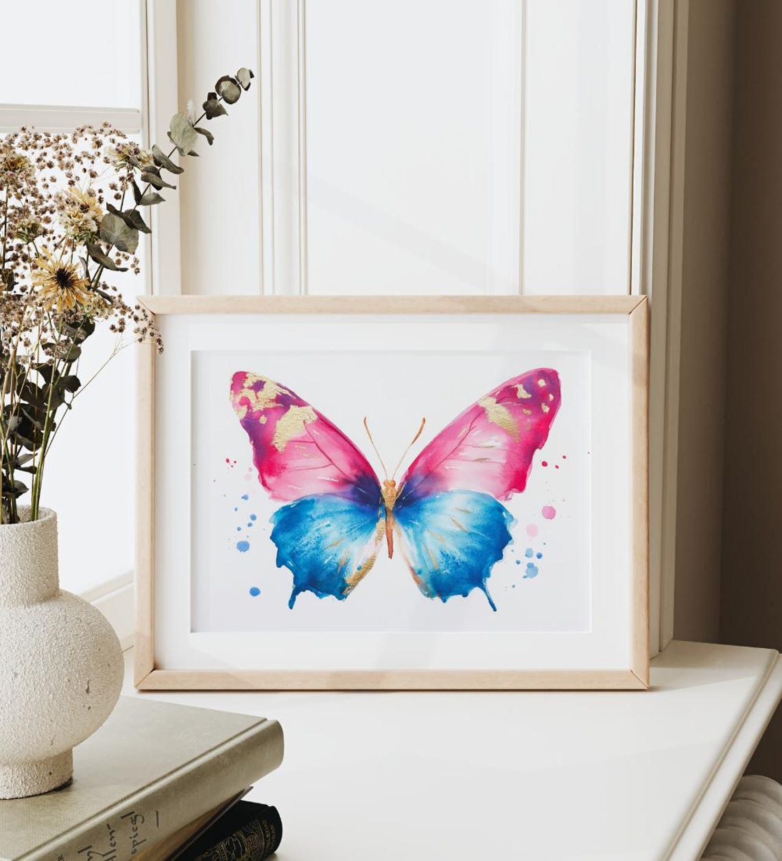 Vibrant Butterfly Watercolor Pink Blue Gold Splash Art Poster - Image 2