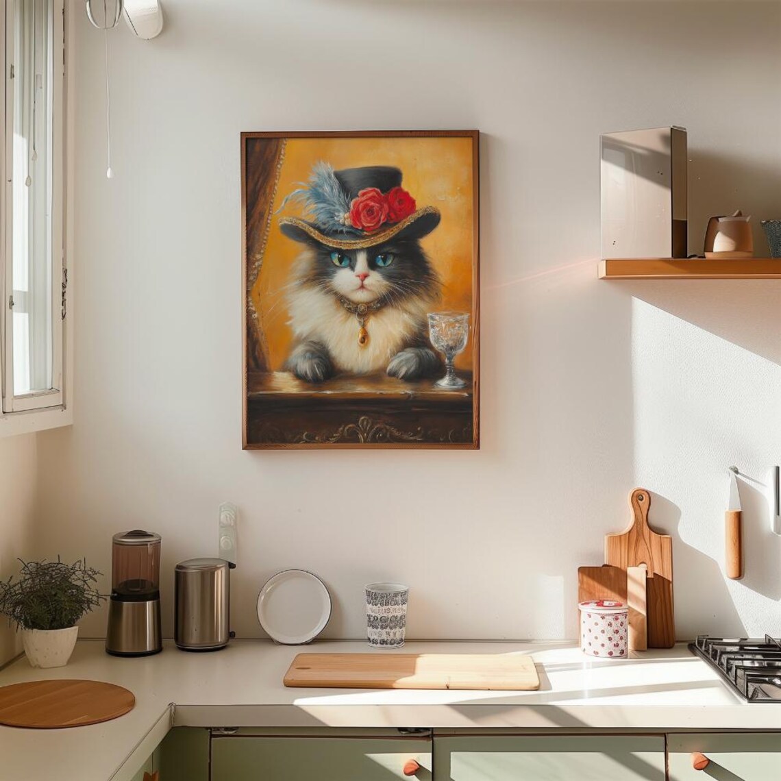 Fancy Cat In Feather Hat With Wine Glass Vintage Style Poster - Image 3