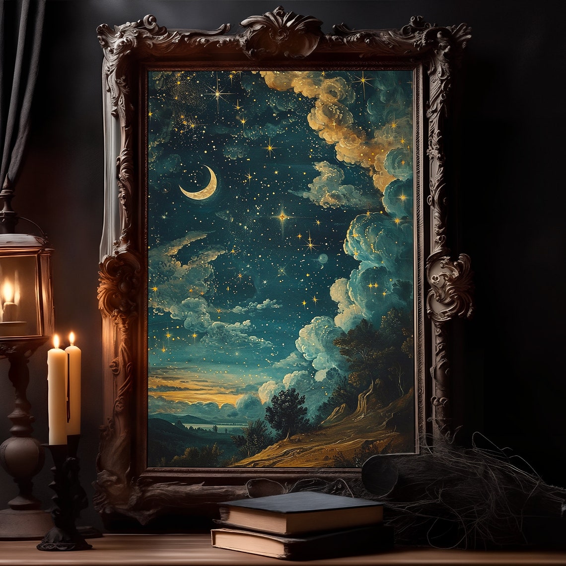 Crescent Moon Over Golden Clouds Vintage Celestial Night Poster - Image 2