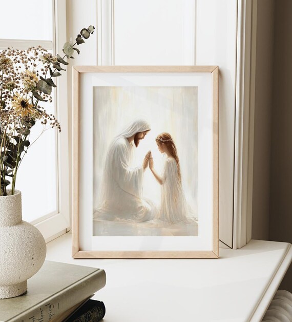 Jesus Kneeling In Prayer With Young Girl In White Light Poster
