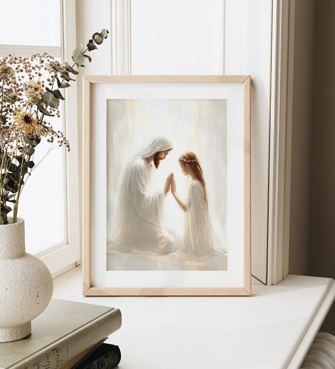 Jesus Kneeling In Prayer With Young Girl In White Light Poster
