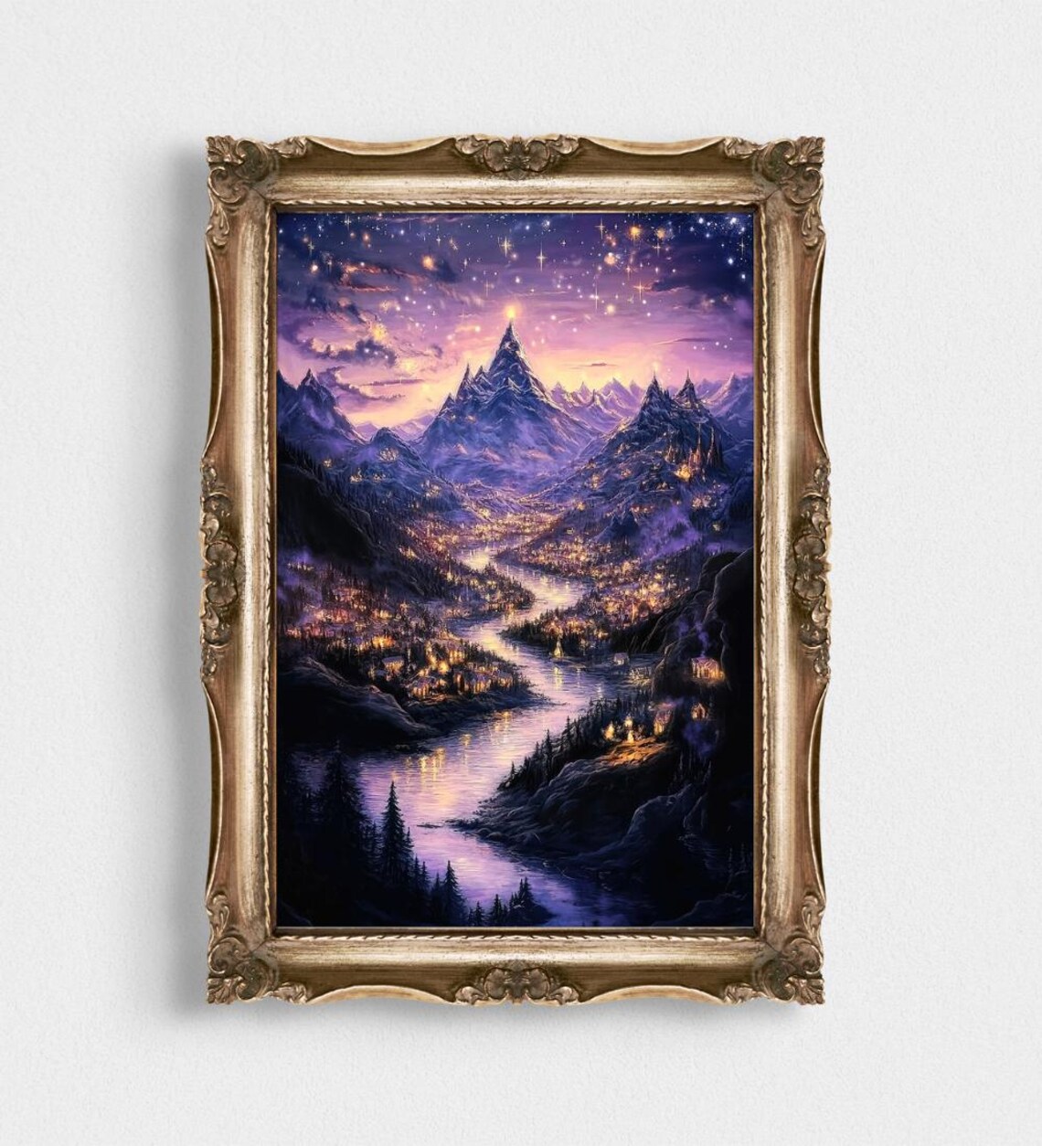 Starry Night Court Fantasy Mountain Valley River Lights Poster