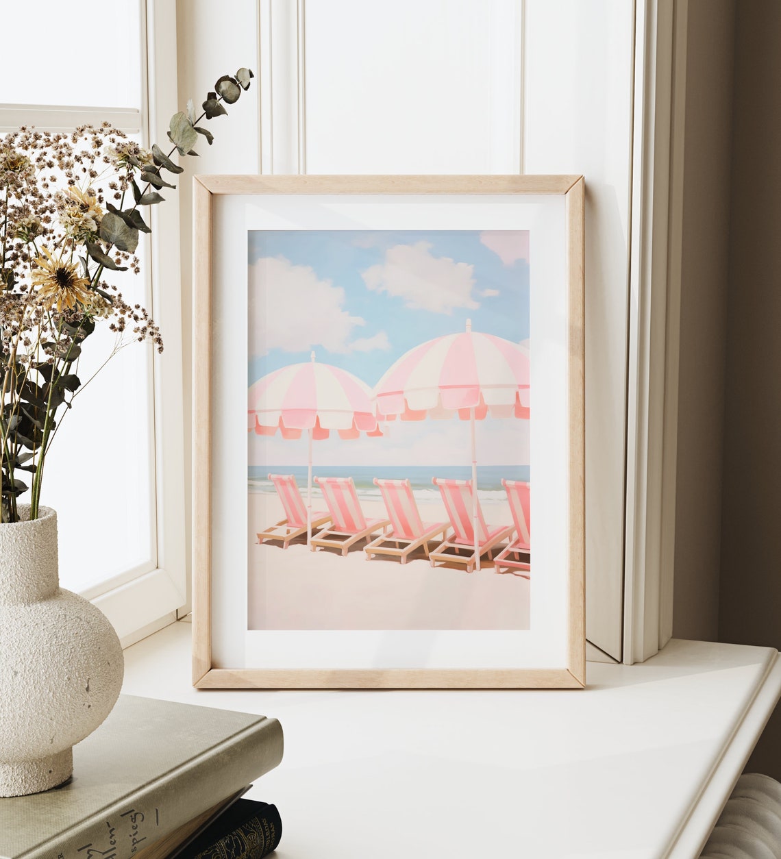 Pink Striped Beach Umbrella Lounge Chair Coastal Summer Art Poster - Image 3