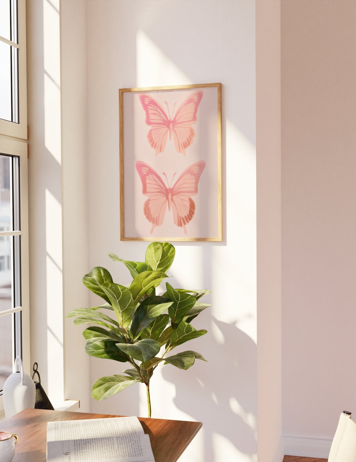 Two Pink Butterflies on Blush Background Vintage Botanical Wall Art - Image 2