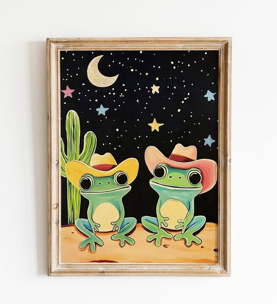 Vintage Cowboy Frog Art Print Colorful Toad Wall Decor With Cacti Retro Cute Funny Frog Poster Celestial Quirky Cowboy Hat Artwork