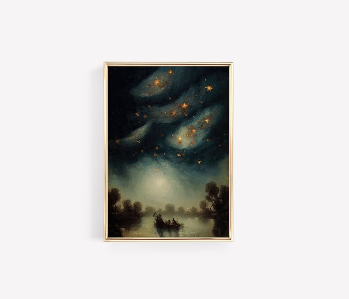 Starry Night Sky Golden Stars Moonlit Lake Boat Vintage Painting Poster - Image 3
