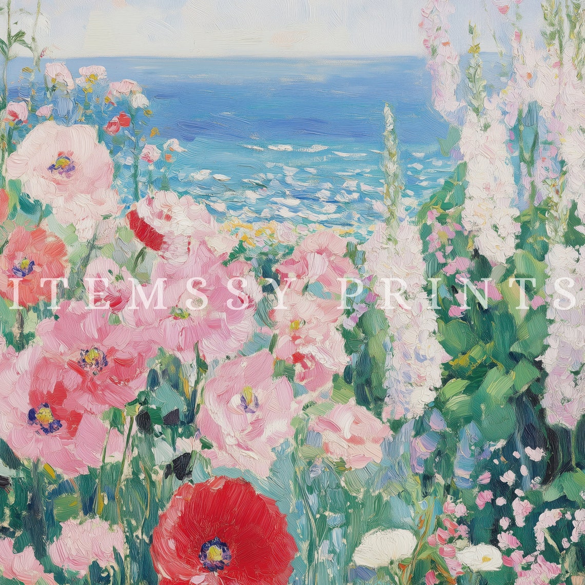 Wildflower Field by the Sea Impressionist Coastal Landscape Wall Art - Image 2