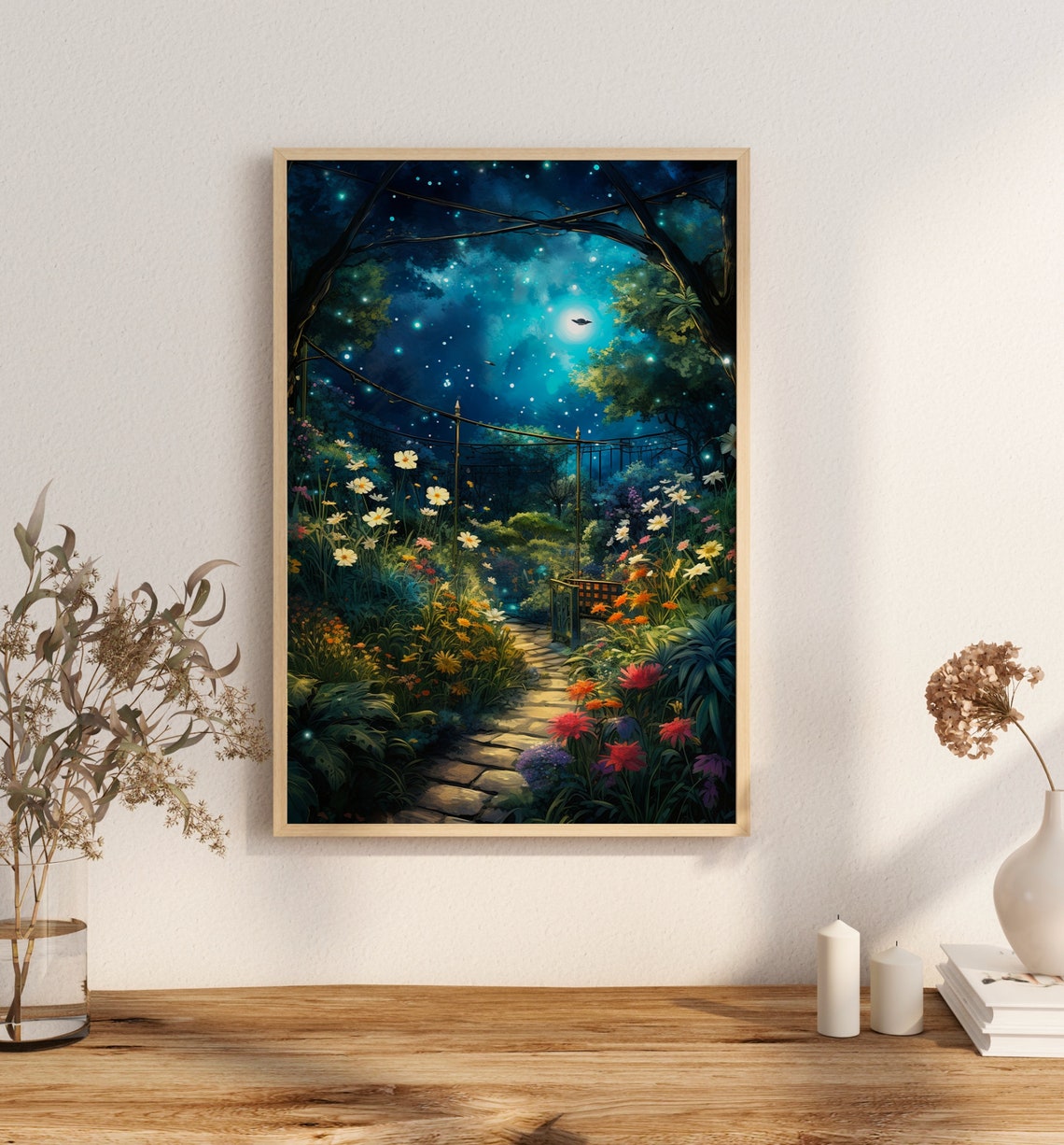 Magical Moonlit Garden Stone Path Flowers Whimsical Night Print - Image 3