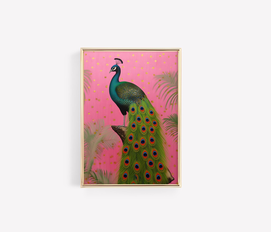 Retro Peacock On Branch Pink And Gold Tropical Palm Leaves Art Poster - Image 3