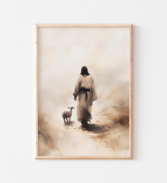 Jesus And A Little Lamb Walking Away Into Golden Mist Sepia Poster