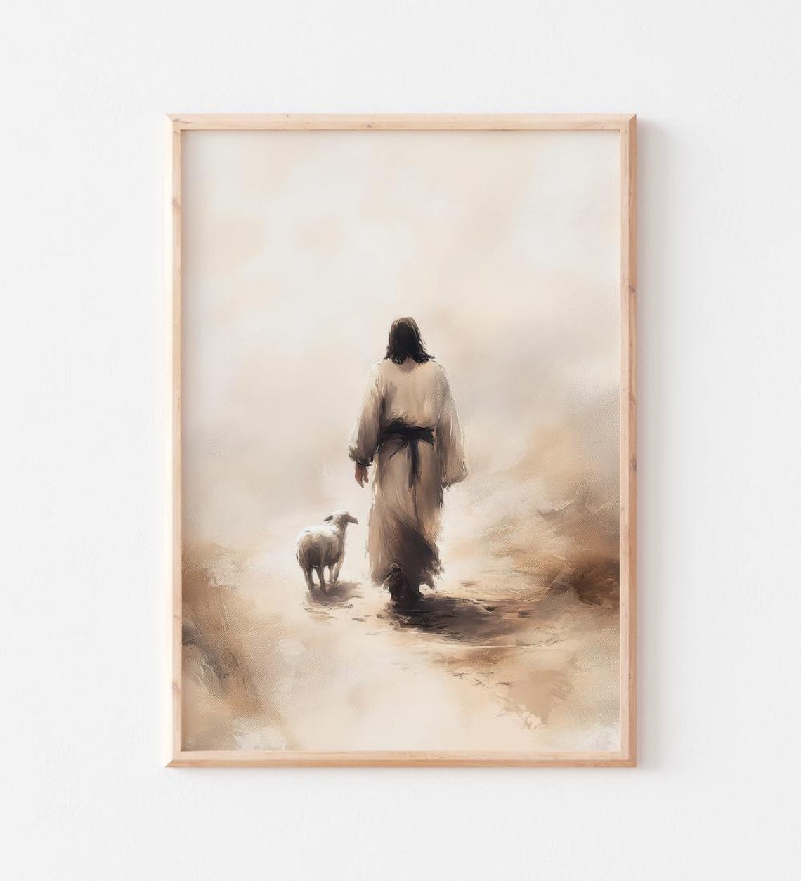 Jesus And A Little Lamb Walking Away Into Golden Mist Sepia Poster